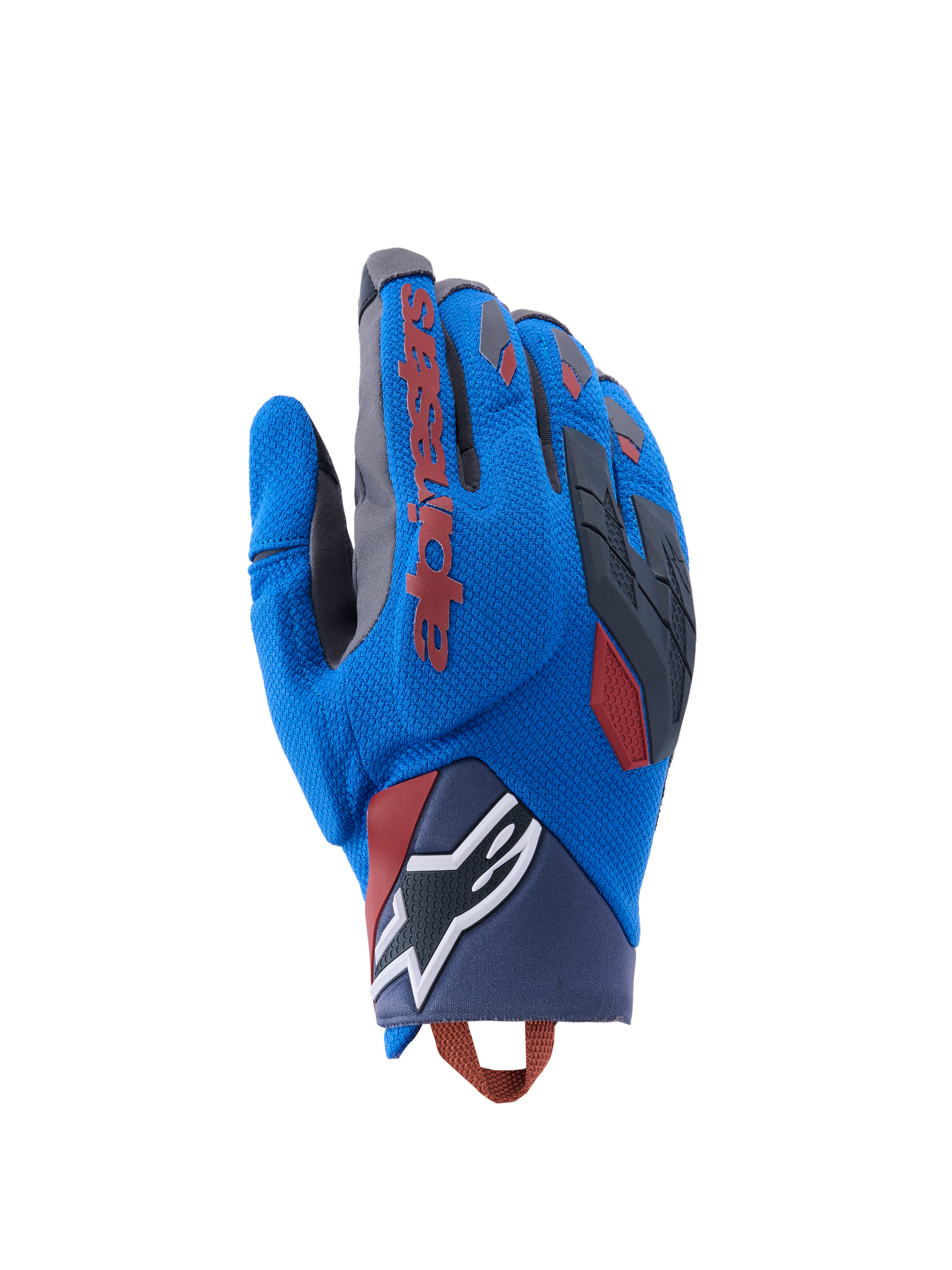 Alpinestars Durack-handsker, adventure-motorcykelhandsker, kongeblå og mørkegrå, tekstil på håndryggen med TPR-knobeskyttelse, rødt Alpinestars-logo på pegefingeren, hvidt stjernelogo på håndleddet, let sommerbeskyttelse til dual sport