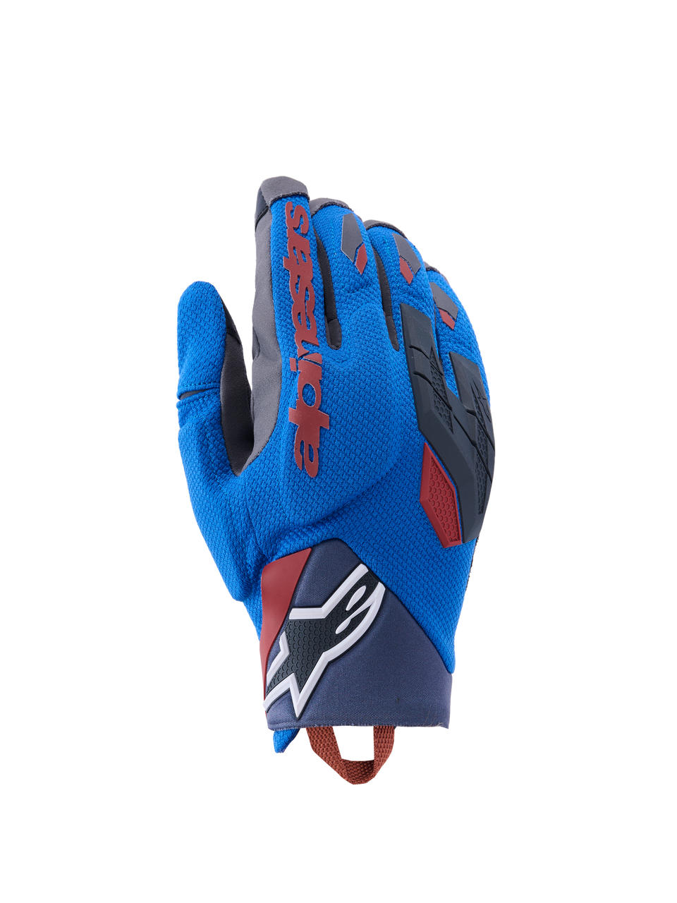 Alpinestars Durack-handsker, adventure-motorcykelhandsker, kongeblå og mørkegrå, tekstil på håndryggen med TPR-knobeskyttelse, rødt Alpinestars-logo på pegefingeren, hvidt stjernelogo på håndleddet, let sommerbeskyttelse til dual sport