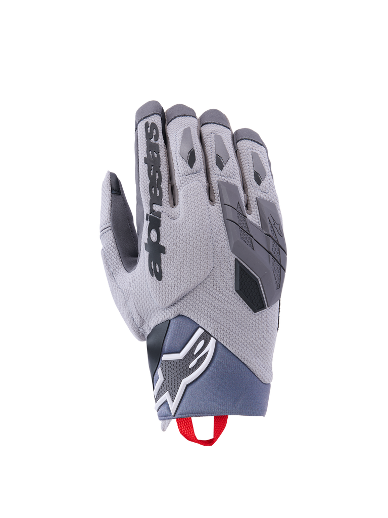 Alpinestars Durack Gloves, Motorcycle Gloves, Dark Gray and Mid Gray, Textured Spandex backhand, TPR knuckle protection, Alpinestars logo on wrist, red pull tab, modern adventure riding gear