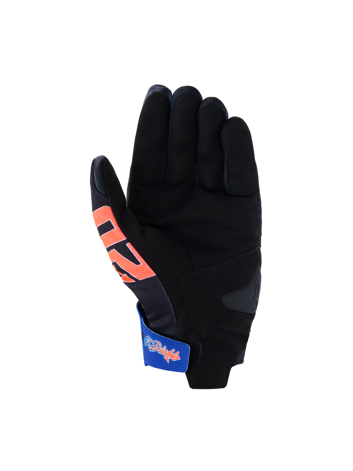Alpinestars FQ20 Reef V2 Monster handsker, motorcykelhandsker, sort med røde og blå detaljer, håndfladevisning med syntetisk ruskind, polstret forstærkning og en blå justerbar håndledsrem med grafik, kort manchet racing- og sportsdesign