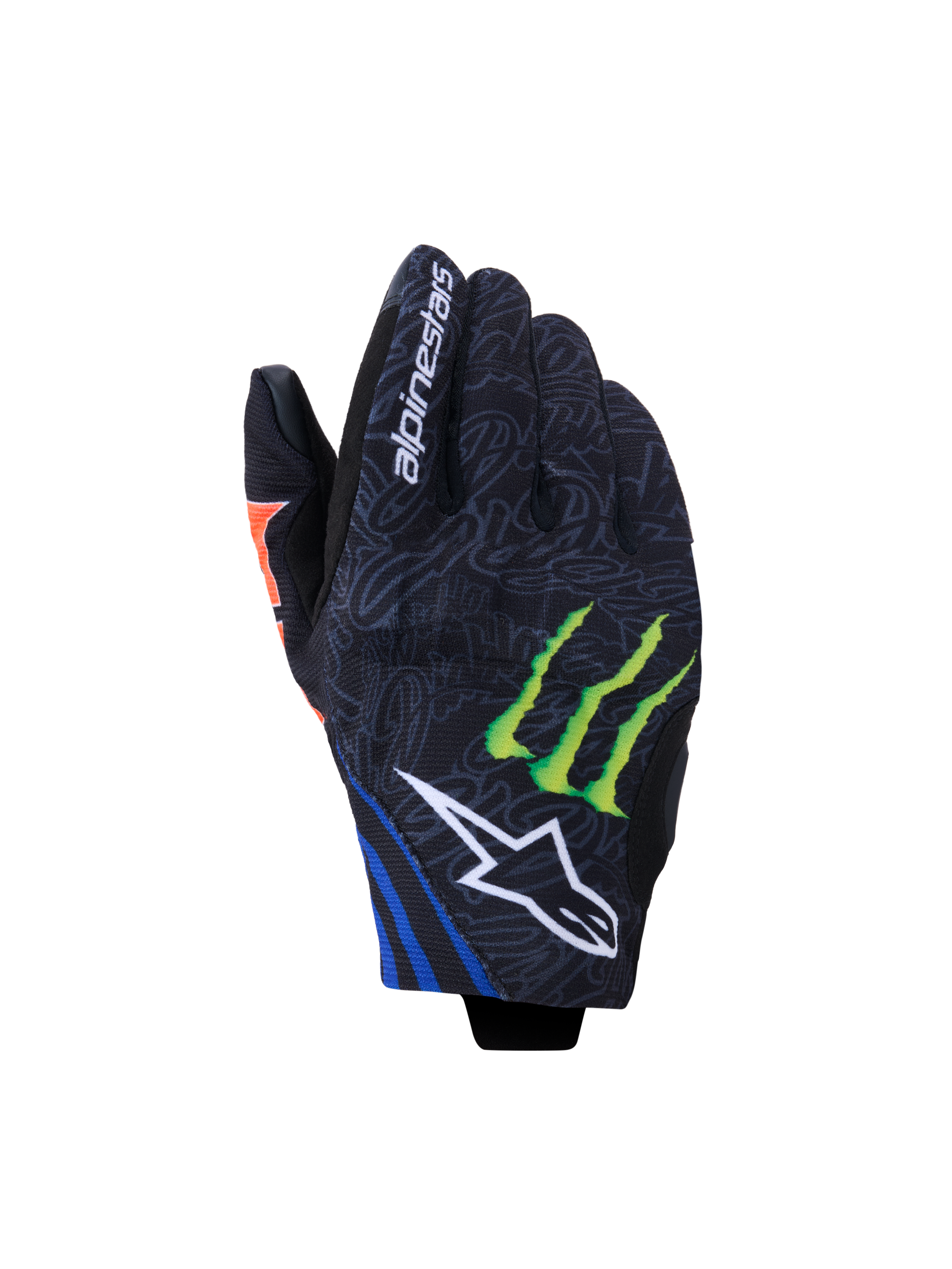 Alpinestars FQ20 Reef V2 Monster-handsker, motorcykelhandsker, sort med Red Fluo, blå og grønne detaljer, med Monster Energy-klo-logo og hvidt Alpinestars-stjernelogo, design med kort manchet og gråt mønstret tekstil