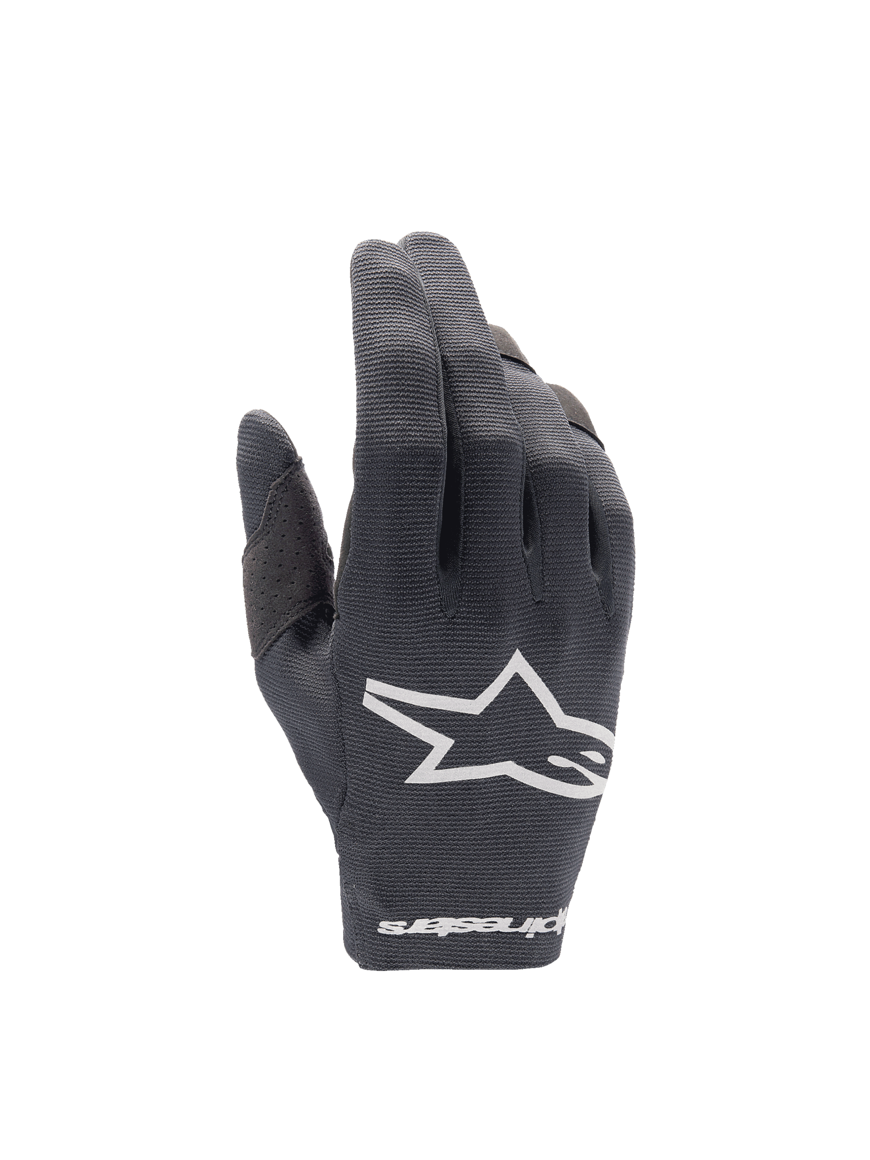 Alpinestars 2025 Radar Gloves, lightweight Men's Motocross gloves in Black and White with stretch textile backhand.