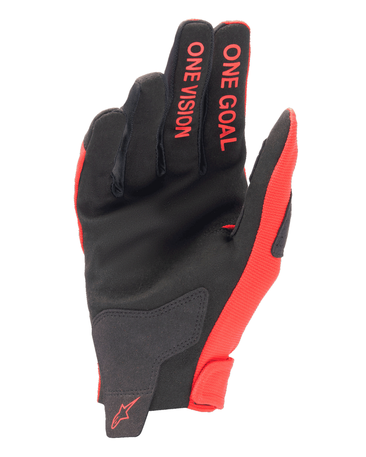 Alpinestars 2025 Radar handsker, motocross-handsker, Mars rød og sort, set fra håndfladen med syntetisk ruskind, rød 'ONE GOAL' og 'ONE VISION' tekst på fingrene, rødt logo på håndleddet, off-road racingudstyr