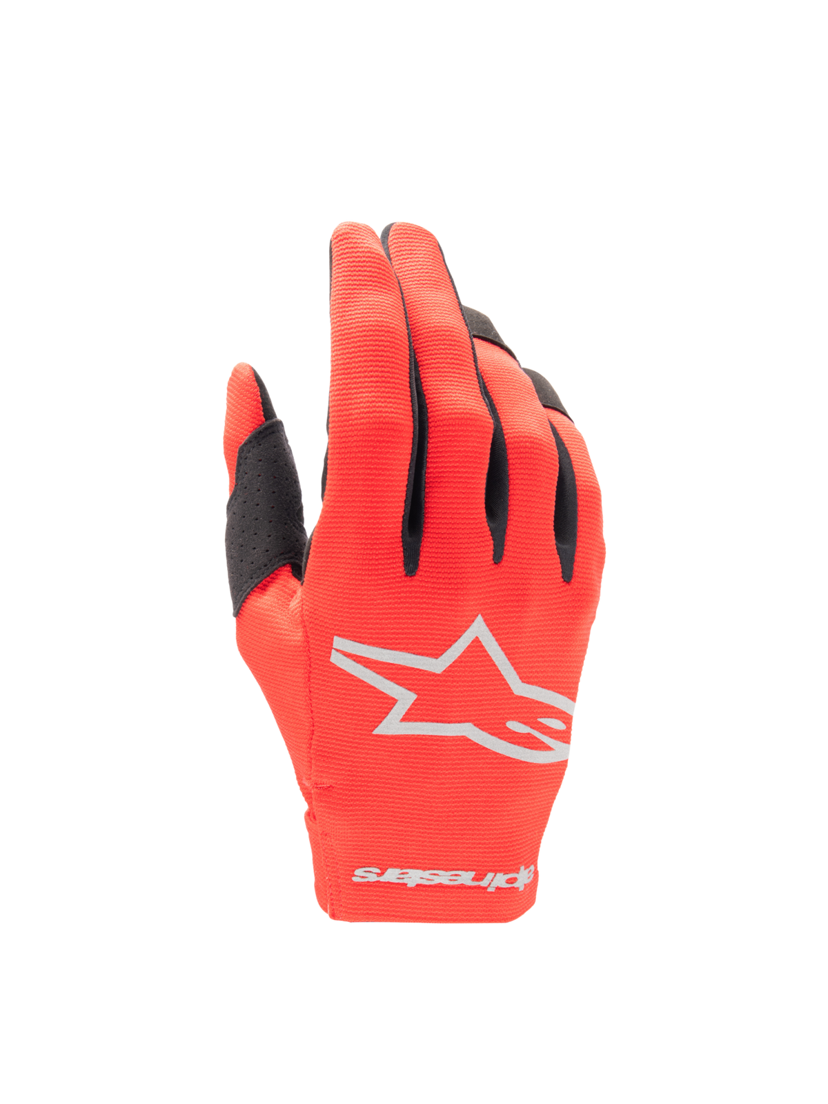 Alpinestars 2025 Radar motocrosshandsker til herre i rød og sølv med letvægts tekstilhåndryg og stjernelogo.