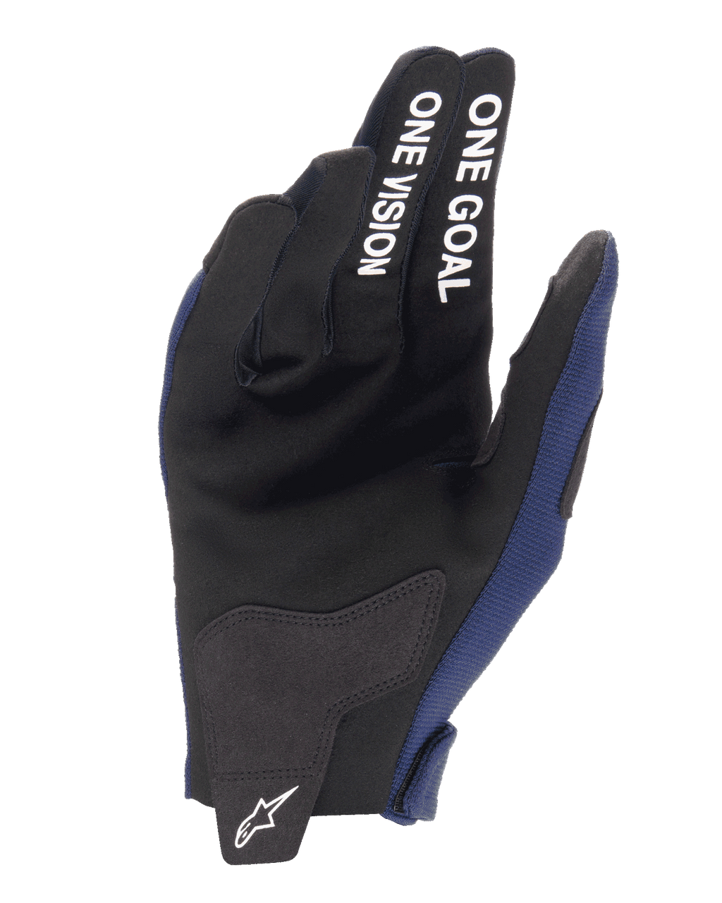 Alpinestars 2025 Radar handsker, motocross-handsker, Night Navy og hvid, set fra håndfladen med forstærkninger i syntetisk ruskind, hvid 'ONE GOAL ONE VISION'-tekst på fingrene og hvidt Alpinestars-logo på lukkeremmen