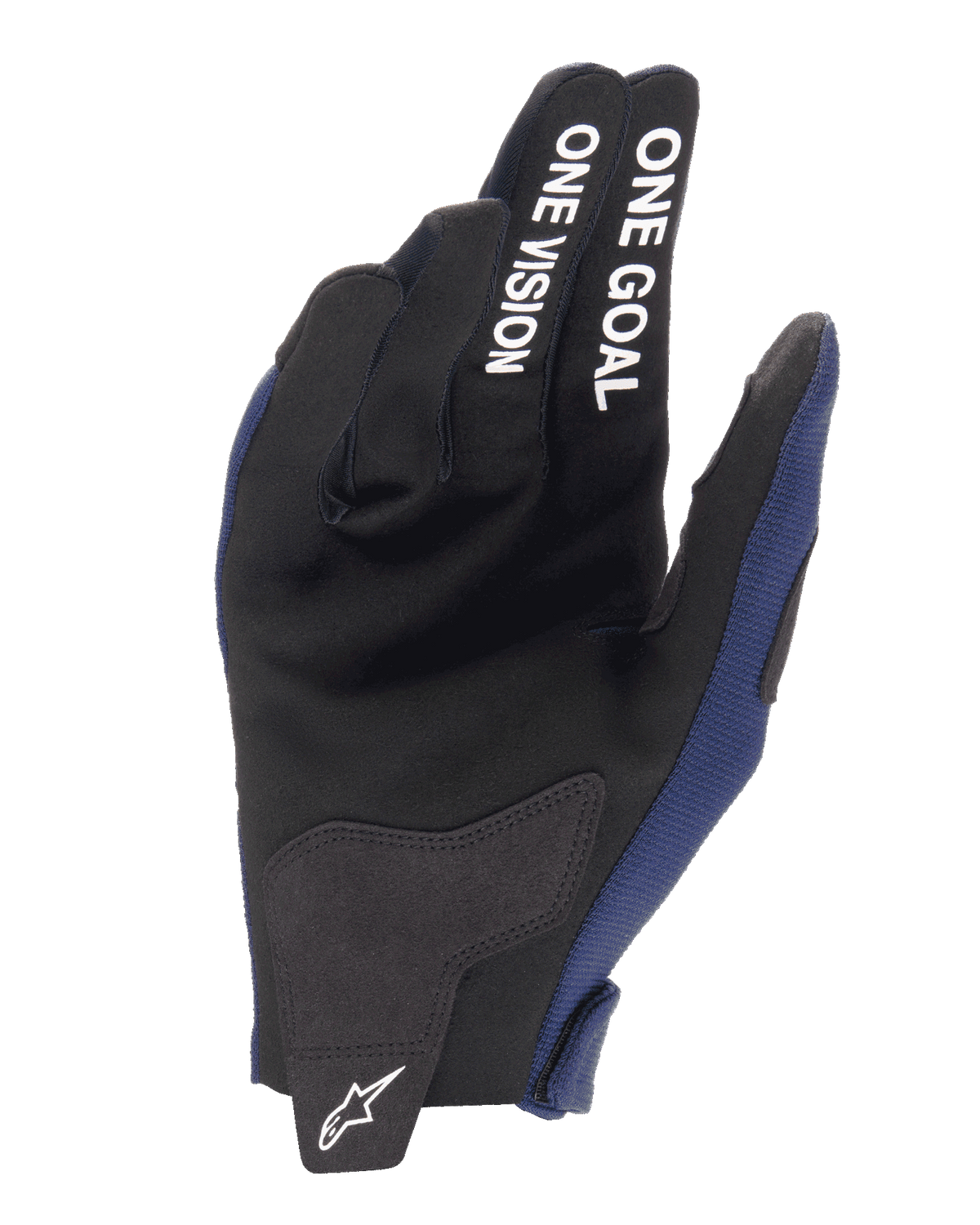 Alpinestars 2025 Radar handsker, motocross-handsker, Night Navy og hvid, set fra håndfladen med forstærkninger i syntetisk ruskind, hvid 'ONE GOAL ONE VISION'-tekst på fingrene og hvidt Alpinestars-logo på lukkeremmen