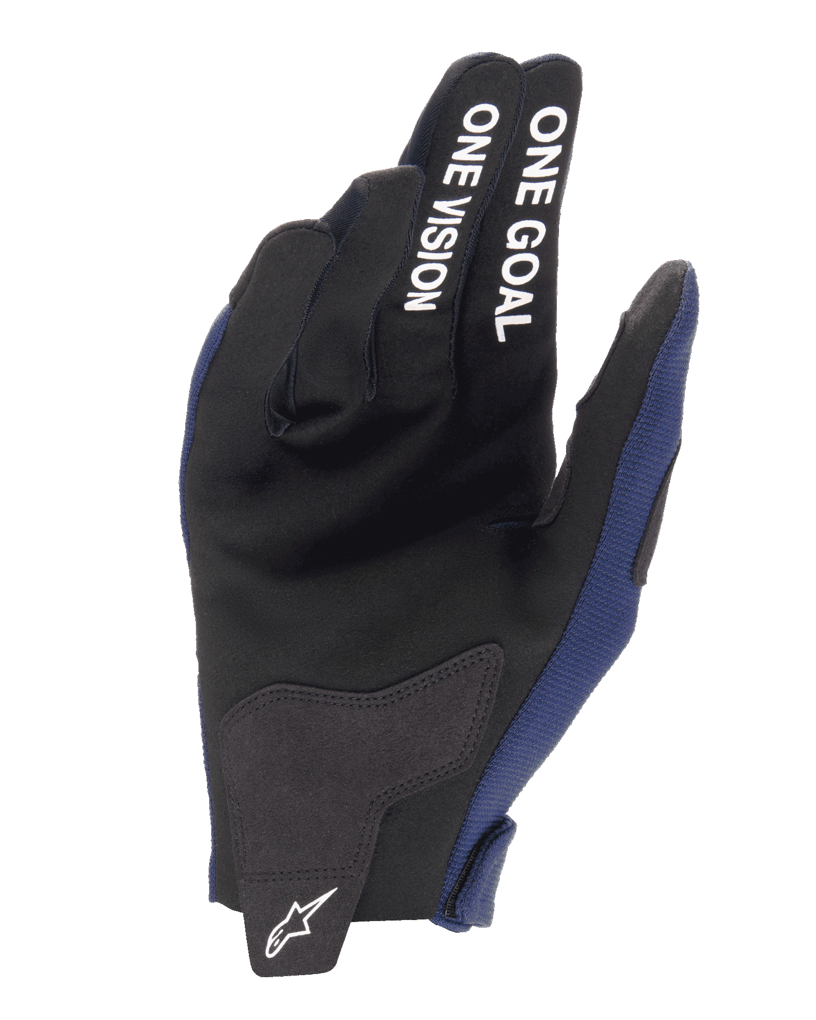 Alpinestars 2025 Radar handsker, motocross-handsker, Night Navy og hvid, set fra håndfladen med forstærkninger i syntetisk ruskind, hvid 'ONE GOAL ONE VISION'-tekst på fingrene og hvidt Alpinestars-logo på lukkeremmen