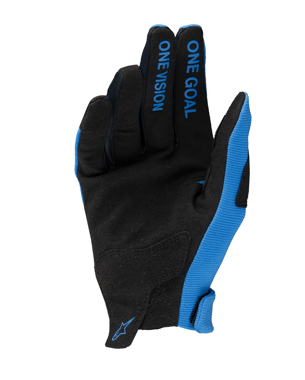 Alpinestars 2025 Radar handsker, motocross-handsker, blå og sort, håndfladevisning med syntetisk ruskind, 'ONE GOAL ONE VISION'-tekst på fingrene, blå sidepaneler og lille logo på håndleddet, letvægts terrænracerdesign