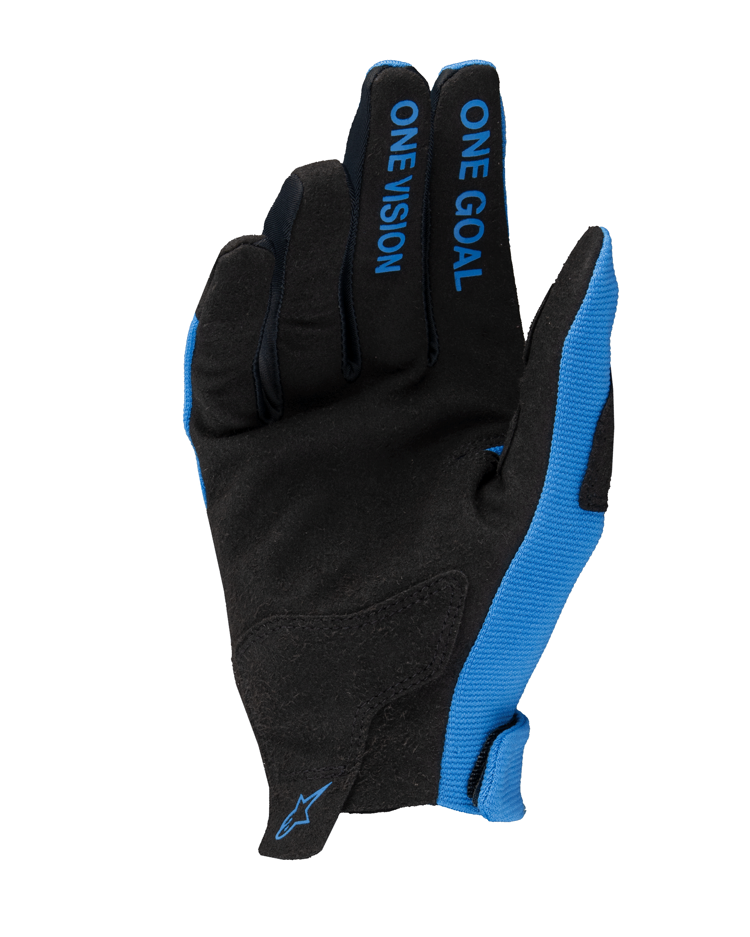 Alpinestars 2025 Radar handsker, motocross-handsker, blå og sort, håndfladevisning med syntetisk ruskind, 'ONE GOAL ONE VISION'-tekst på fingrene, blå sidepaneler og lille logo på håndleddet, letvægts terrænracerdesign