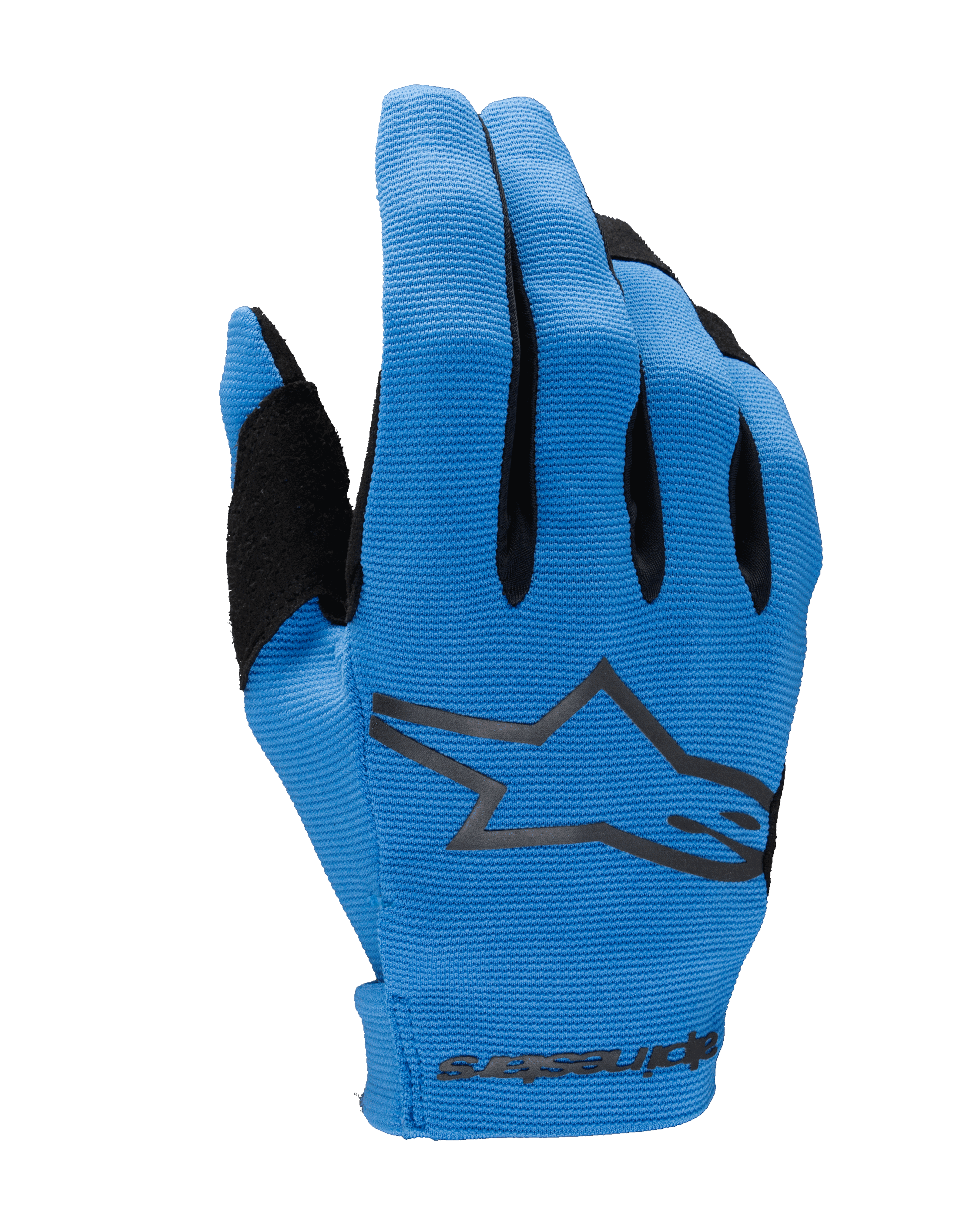 Alpinestars 2025 Radar handsker, motocrosshandsker, blå og sort, set fra håndryggen med tekstureret strækstof, stort sort Alpinestars stjernelogo, forstærket tommelfingerområde og sømløs håndledslukning med branding
