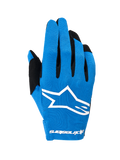 Alpinestars 2026 Radar handsker, motocross-handsker, blå og hvid, enkeltlags stretch-baghånd med et stort hvidt Astars-logo, sorte detaljer på fingrene, letvægts ydeevne-design til terrænkørsel