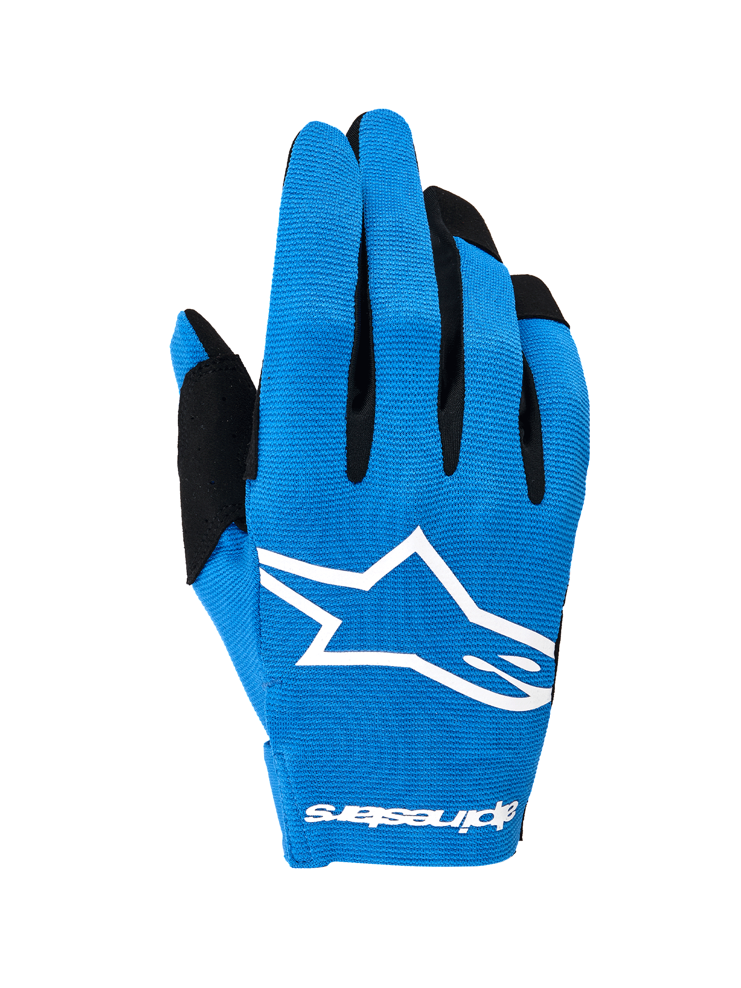 Alpinestars 2026 Radar handsker, motocross-handsker, blå og hvid, enkeltlags stretch-baghånd med et stort hvidt Astars-logo, sorte detaljer på fingrene, letvægts ydeevne-design til terrænkørsel