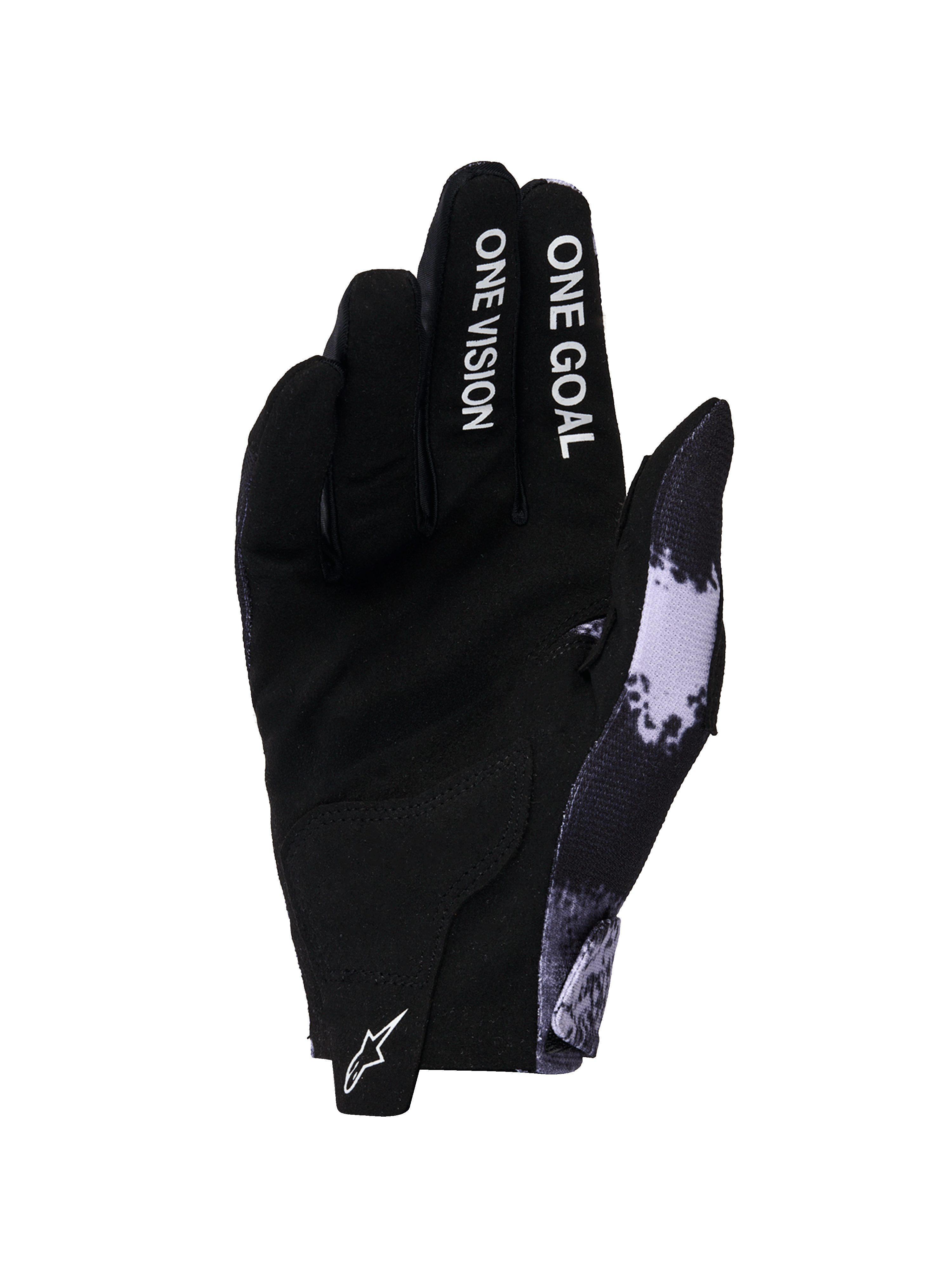 Alpinestars 2026 Radar-handsker, motocross-handsker, Iron Camo og sort, visning af håndflade med konstruktion i syntetisk ruskind, 'ONE GOAL ONE VISION'-tekst på fingrene, hvidt Astars-logo på trækfligen, strømlinet off-road performance-design