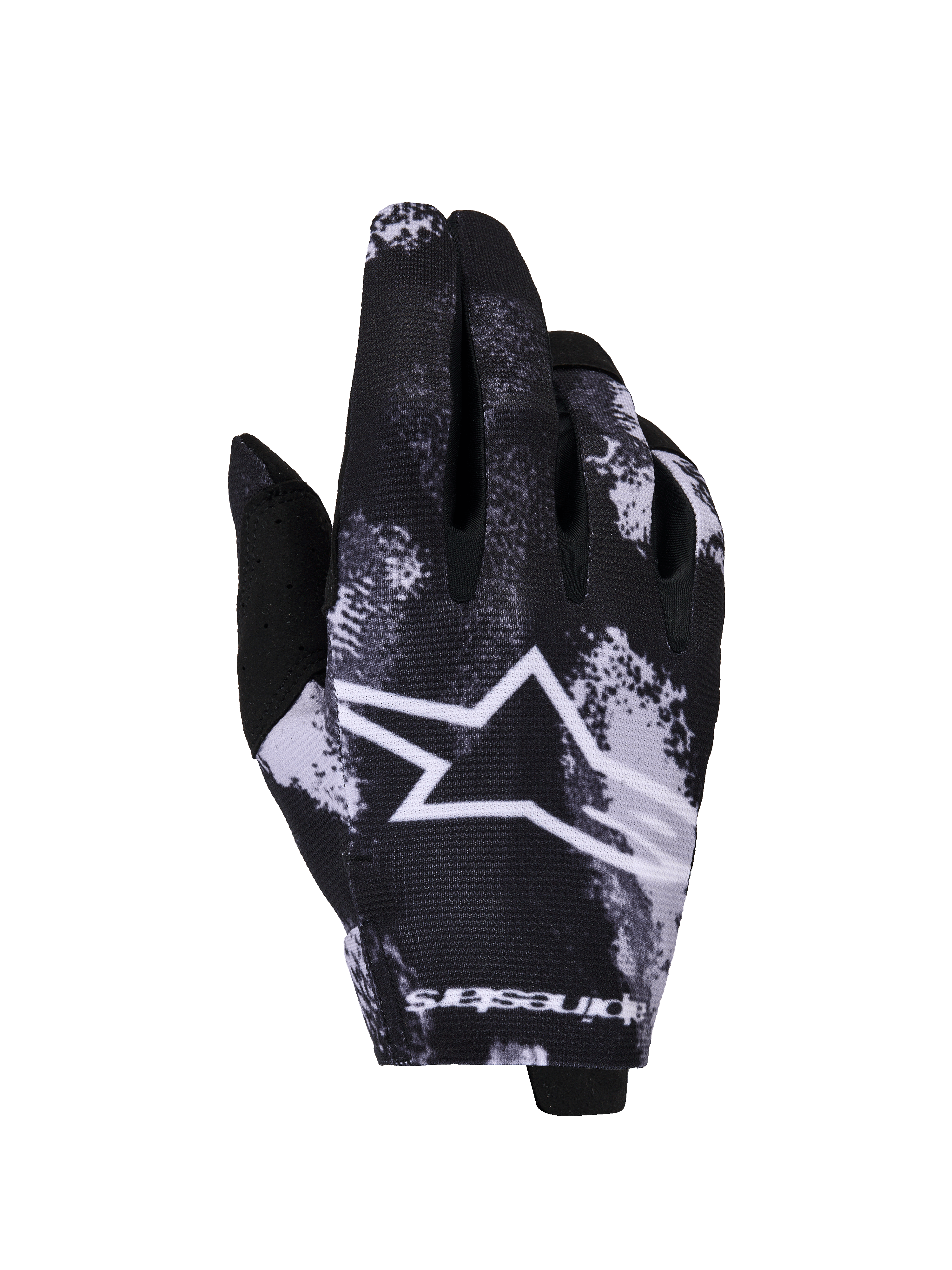 Alpinestars 2026 Radar handsker, motocrosshandsker, Iron Camo sort og hvid, med et stort hvidt stjernelogo, sublimeret camouflagemønster, letvægts strækstof til off-road racing