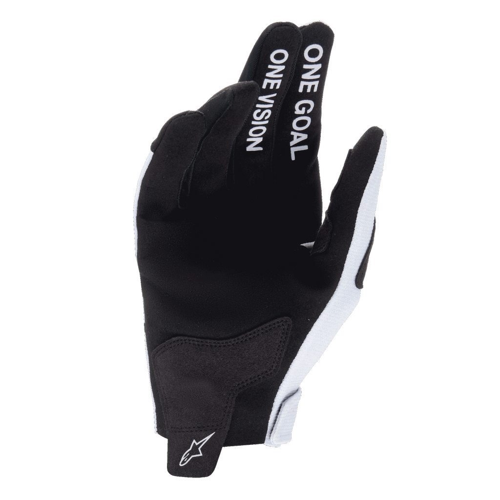 Alpinestars 2025 Radar handsker, motocrosshandsker, Haze Gray og sort, håndfladevisning der viser syntetisk ruskindsmateriale, 'ONE GOAL ONE VISION' tekst på pege- og langefinger, hvidt logo på håndledsstrop, slidstærkt off-road racingdesign