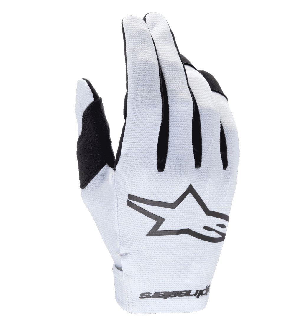 Alpinestars 2025 Radar-handsker, motocross-handsker, hvid og sort, med en tekstureret syntetisk håndryg med et fremtrædende sort stjernelogo, sorte detaljer mellem fingrene, sømløs håndledslukning med branding, letvægts tætsiddende design til off-road racing