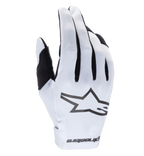 Alpinestars 2025 Radar-handsker, motocross-handsker, hvid og sort, med en tekstureret syntetisk håndryg med et fremtrædende sort stjernelogo, sorte detaljer mellem fingrene, sømløs håndledslukning med branding, letvægts tætsiddende design til off-road racing