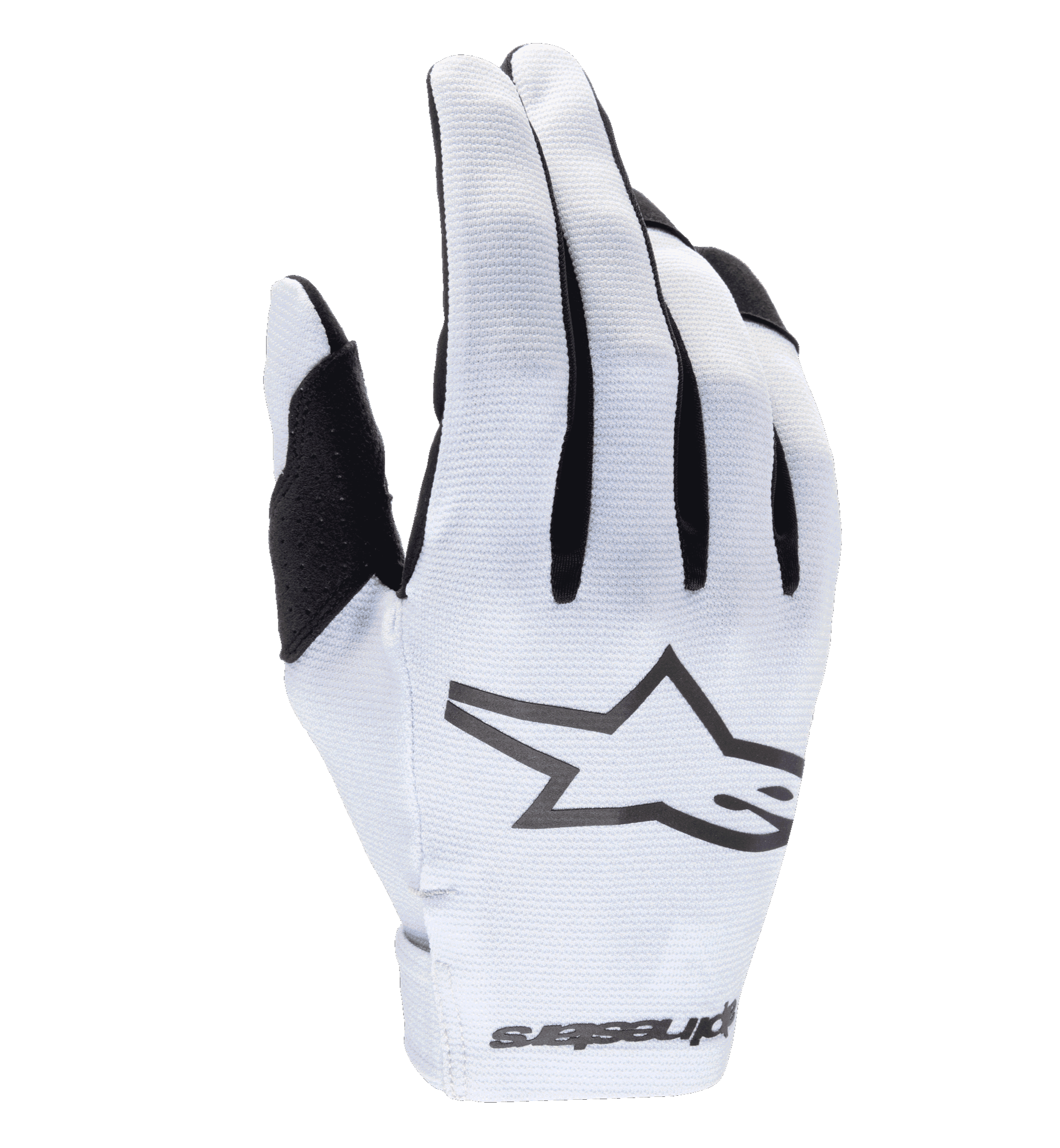 Alpinestars 2025 Radar-handsker, motocross-handsker, hvid og sort, med en tekstureret syntetisk håndryg med et fremtrædende sort stjernelogo, sorte detaljer mellem fingrene, sømløs håndledslukning med branding, letvægts tætsiddende design til off-road racing