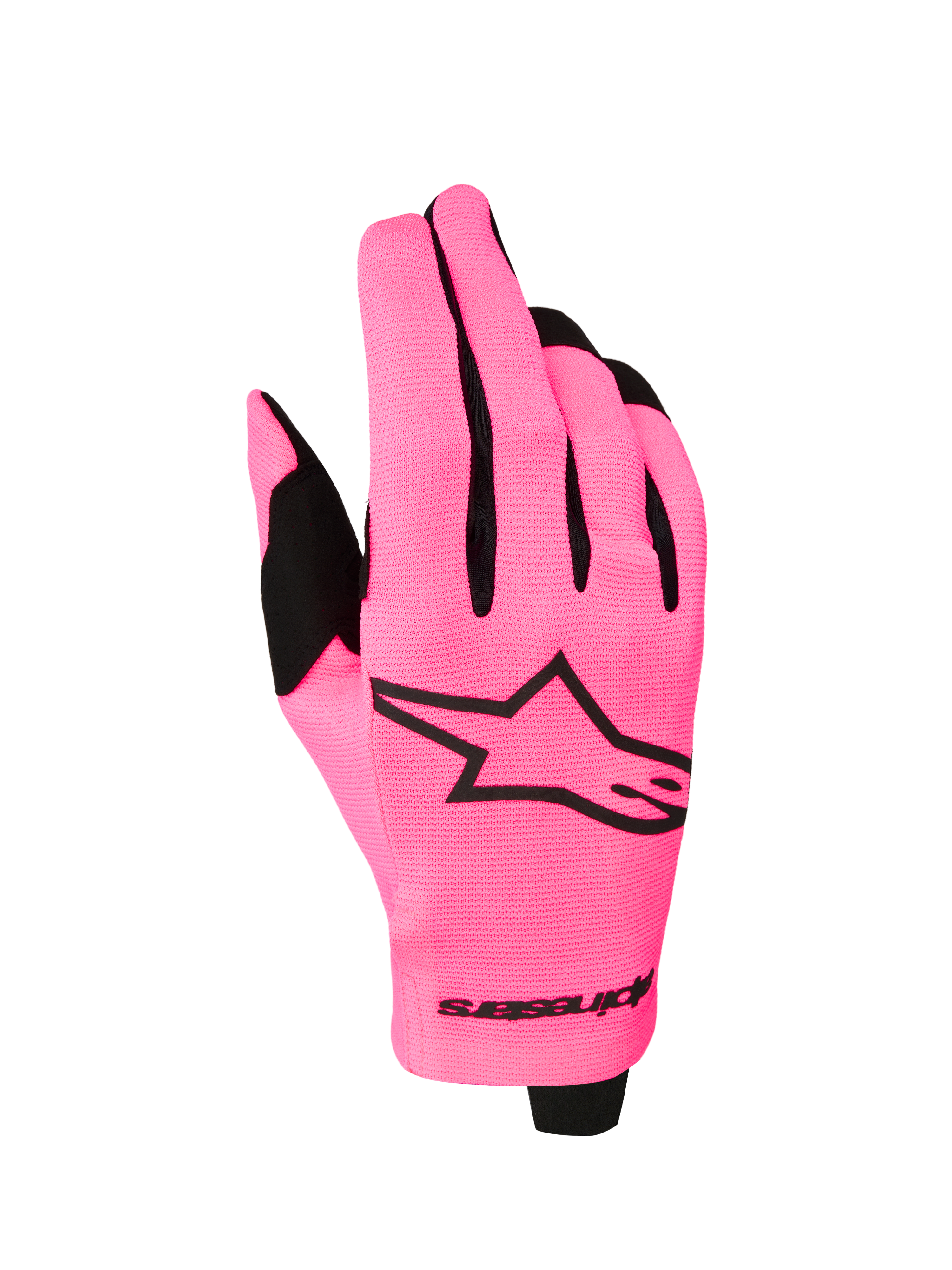 Alpinestars 2027 Radar handsker, letvægts motocrosshandsker i pink og sort med stretch-tekstil på håndryggen til MX-kørsel.