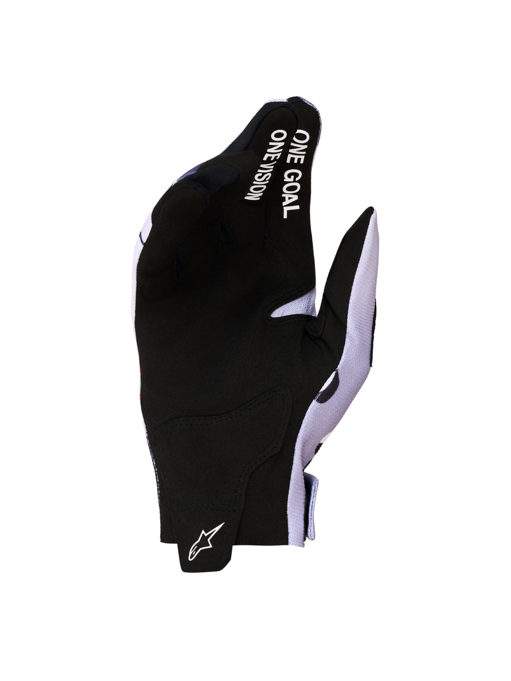 Alpinestars Radar Gloves 2027, black and gray motocross gloves with a synthetic suede palm and One Goal One Vision branding.