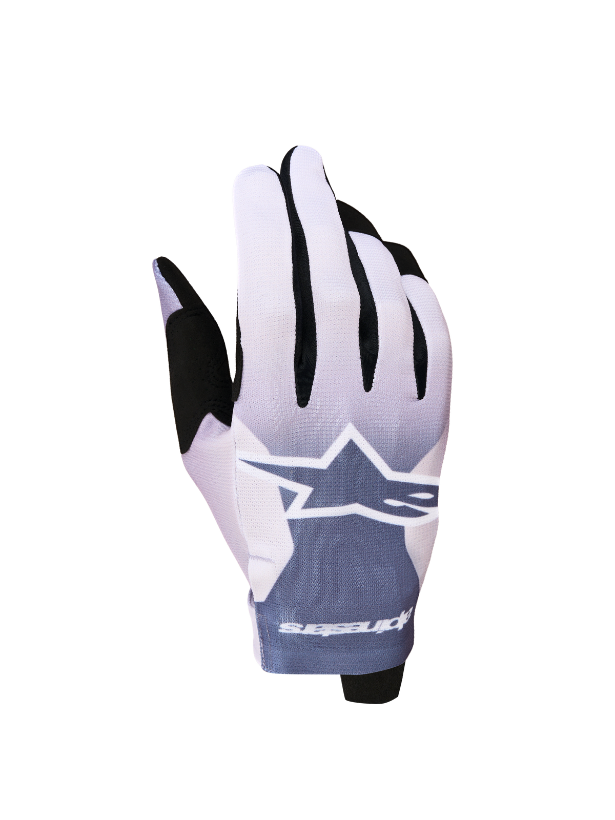 Alpinestars 2027 Radar motorcykelhandsker til motocross, askegrå og lys lilla, letvægts design med hvidt stjernelogo og syntetisk ruskindshåndflade.