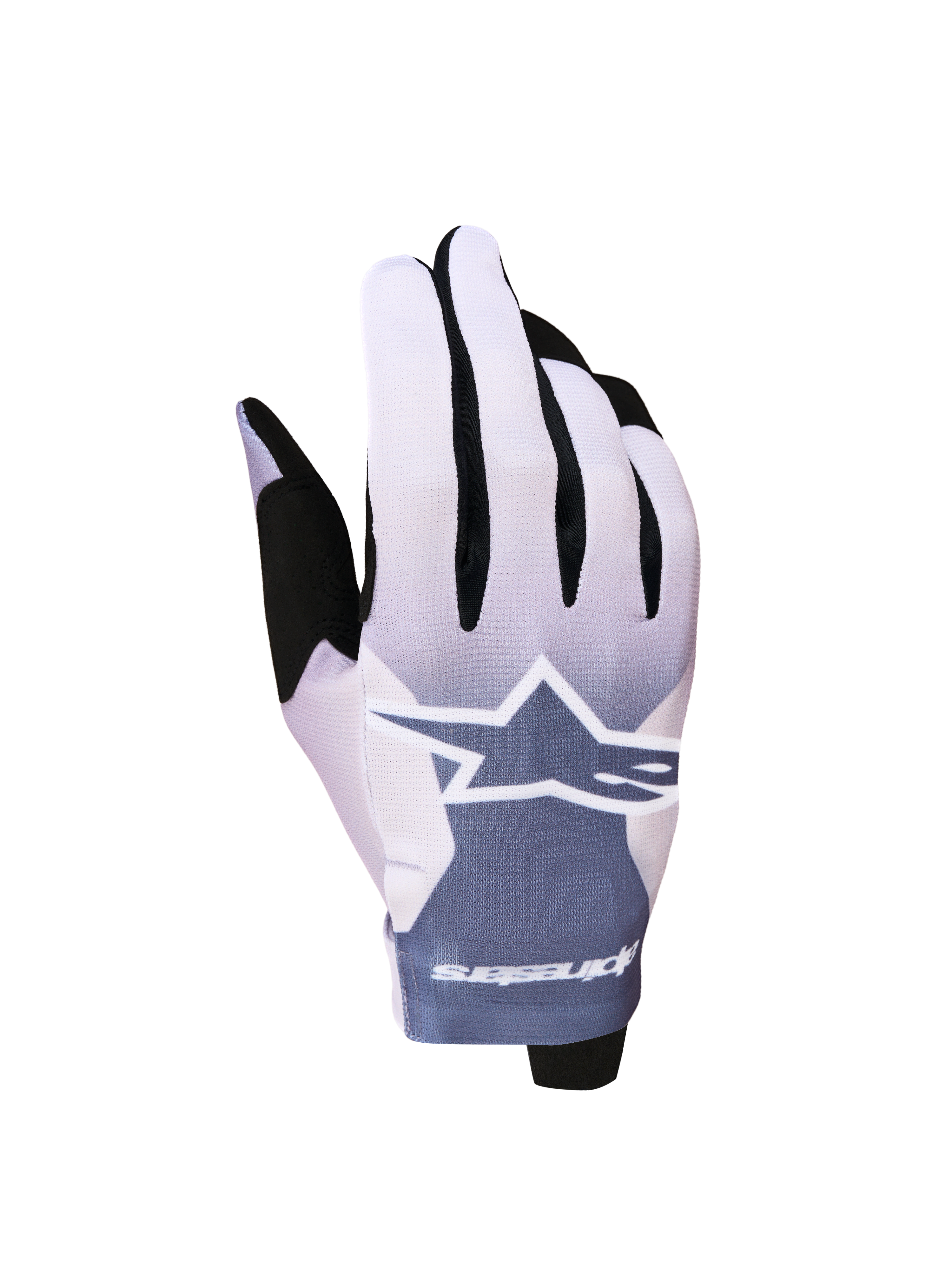 Alpinestars Radar Gloves 2027, lightweight motocross gloves in ash gray and light lilac with a white star logo.