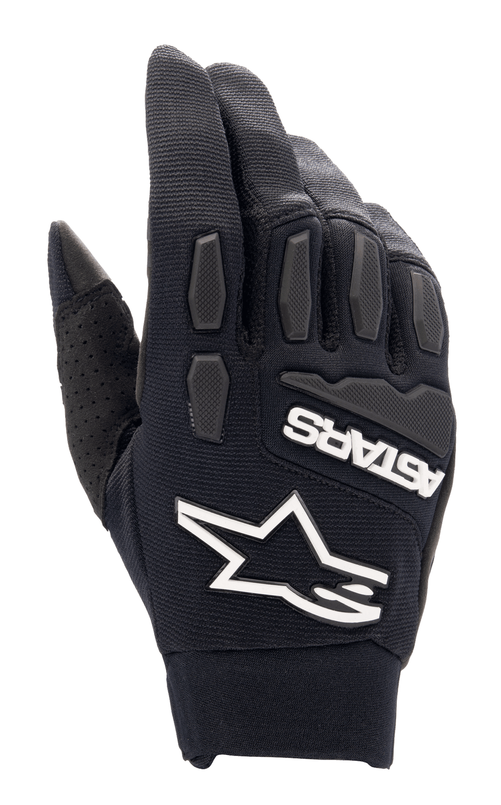 Alpinestars Full Bore XT handsker, sorte motocrosshandsker, hvidt Alpinestars-stjernelogo og ASTARS-branding, tekstureret TPR-beskyttelse på knoer og fingre, åndbart strækstof med perforerede detaljer på tommelfingeren, designet til enduro- og terrænkørsel