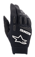 Alpinestars Full Bore XT handsker, sorte motocrosshandsker, hvidt Alpinestars-stjernelogo og ASTARS-branding, tekstureret TPR-beskyttelse på knoer og fingre, åndbart strækstof med perforerede detaljer på tommelfingeren, designet til enduro- og terrænkørsel