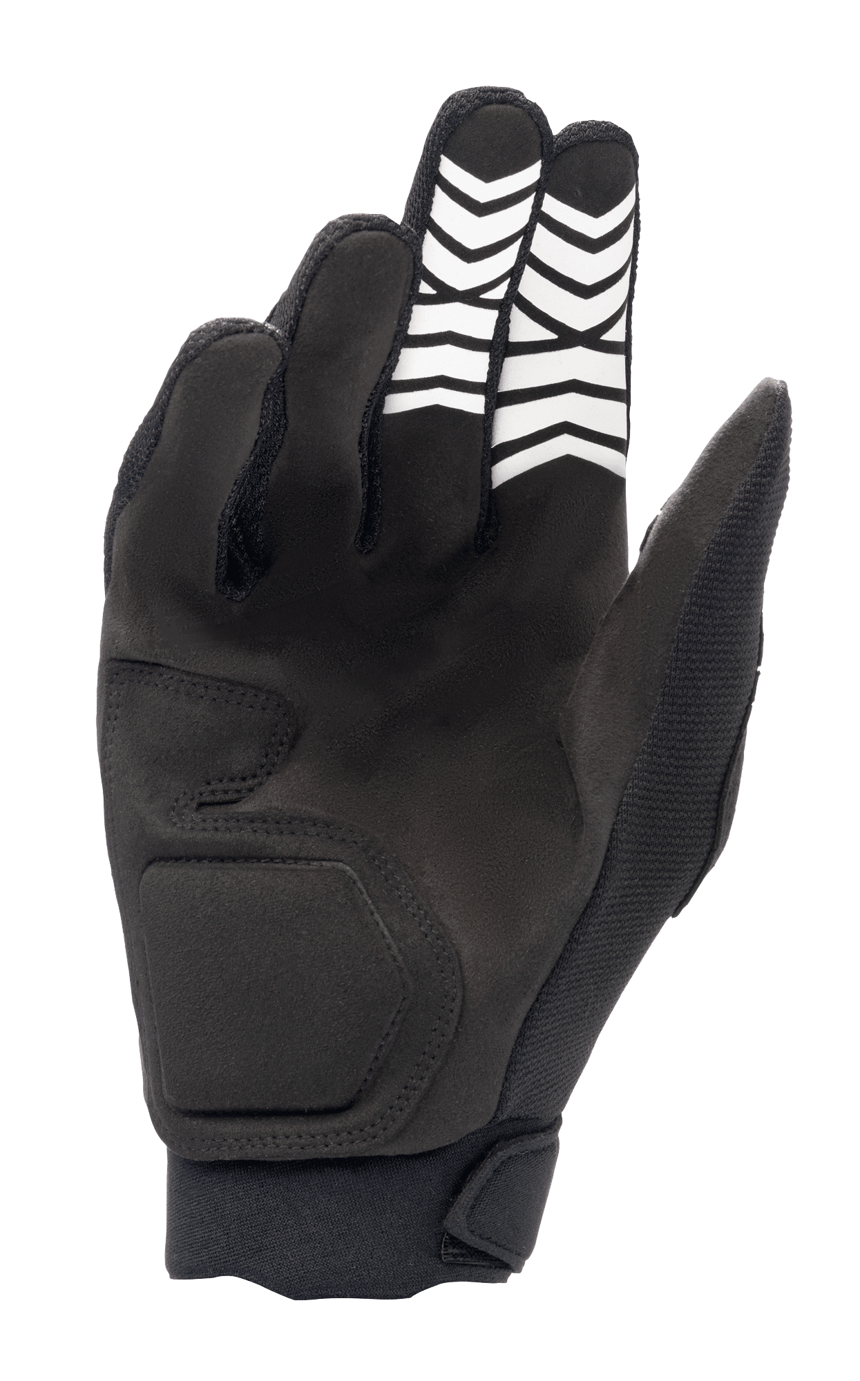 Alpinestars Full Bore XT Gloves, Black, palm side view showing synthetic suede construction with white chevron grip patterns on the fingers and an ergonomic wrist closure, designed for Enduro and off-road riding.