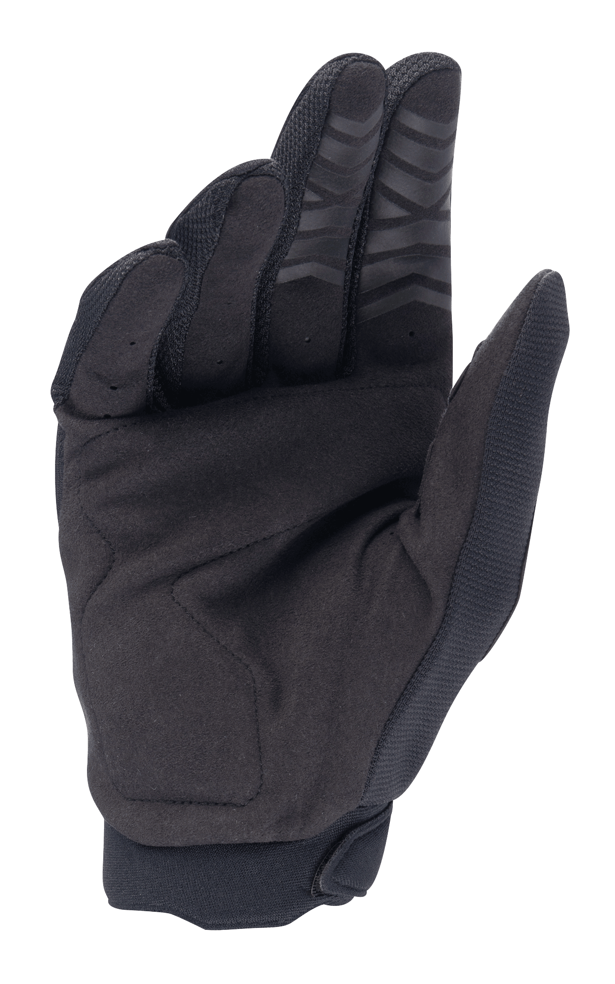 Alpinestars Honda Full Bore handsker, motocross-handsker, sorte, håndfladevisning med syntetisk ruskind for holdbarhed, silikonegreb på fingerspidserne og forstærket tommelfingerlap, designet til off-road ydeevne