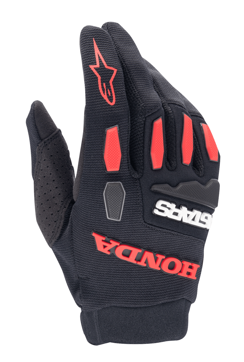 Alpinestars Honda Full Bore handsker, motocrosshandsker, sort og klar rød, med TPR-knobeskyttelse og markant gummieret Honda-branding, åndbar stræktekstil-konstruktion til terrænkørsel