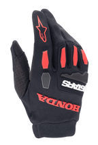 Alpinestars Honda Full Bore handsker, motocrosshandsker, sort og klar rød, med TPR-knobeskyttelse og markant gummieret Honda-branding, åndbar stræktekstil-konstruktion til terrænkørsel