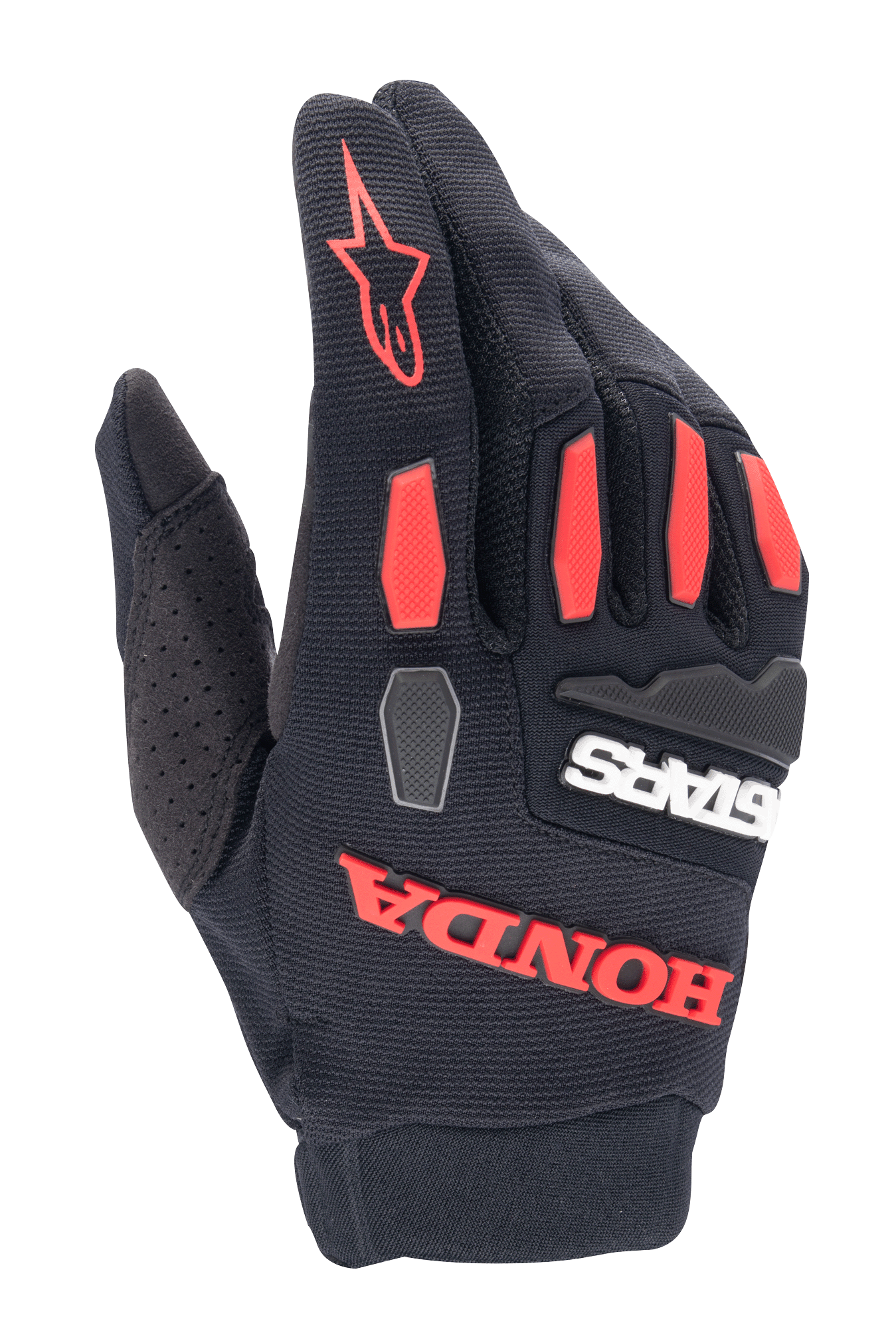 Alpinestars Honda Full Bore handsker, motocrosshandsker, sort og klar rød, med TPR-knobeskyttelse og markant gummieret Honda-branding, åndbar stræktekstil-konstruktion til terrænkørsel