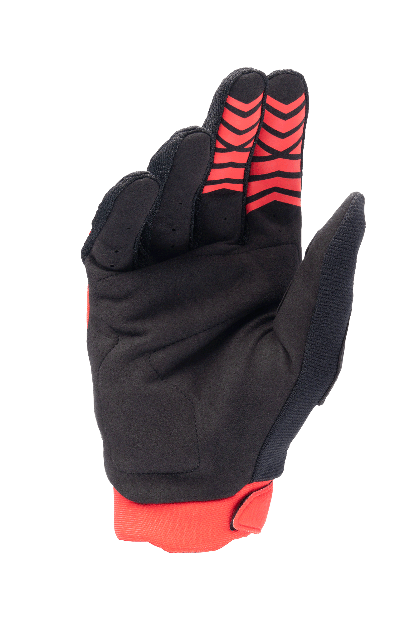 Alpinestars Honda Full Bore handsker, motocrosshandsker, lys rød og sort, håndfladevisning med syntetisk ruskindsmateriale og røde silikone-grebsmønstre på fingerspidserne, rød strækmuffe, holdbart design til off-road racing