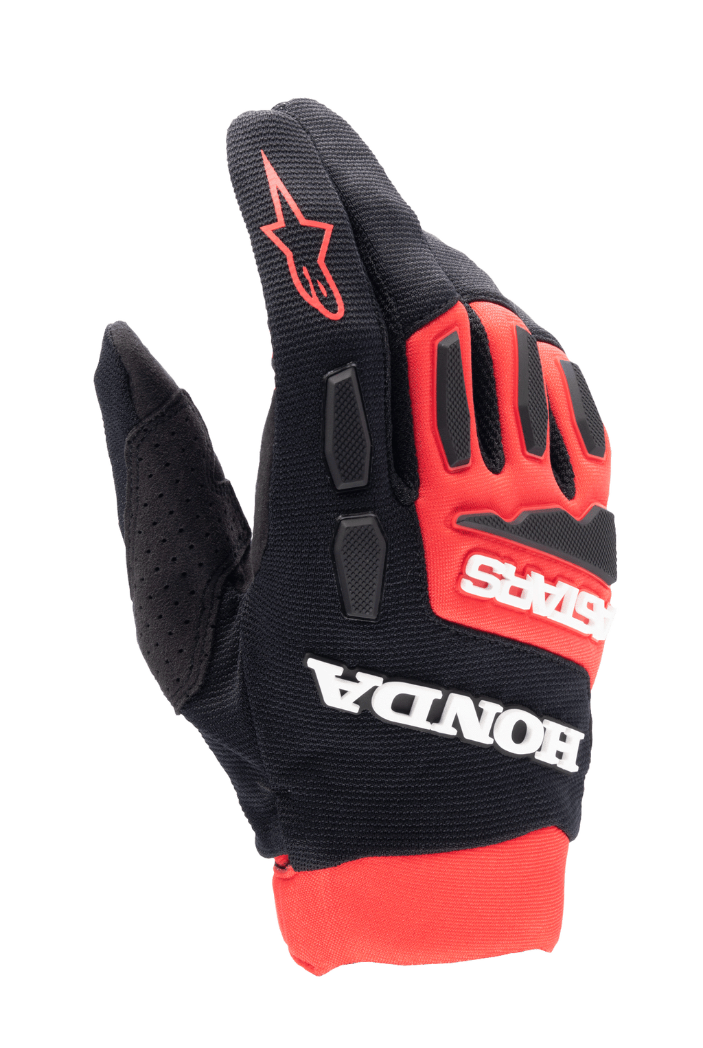 Alpinestars Honda Full Bore handsker, motocrosshandsker, klar rød og sort, markant hvid Honda- og Astars-branding, TPR-knobeskyttelse, åndbar konstruktion i stræktekstil, rødt stjernelogo på fingeren, sportsligt off-road racingdesign