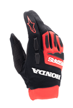 Alpinestars Honda Full Bore handsker, motocrosshandsker, klar rød og sort, markant hvid Honda- og Astars-branding, TPR-knobeskyttelse, åndbar konstruktion i stræktekstil, rødt stjernelogo på fingeren, sportsligt off-road racingdesign