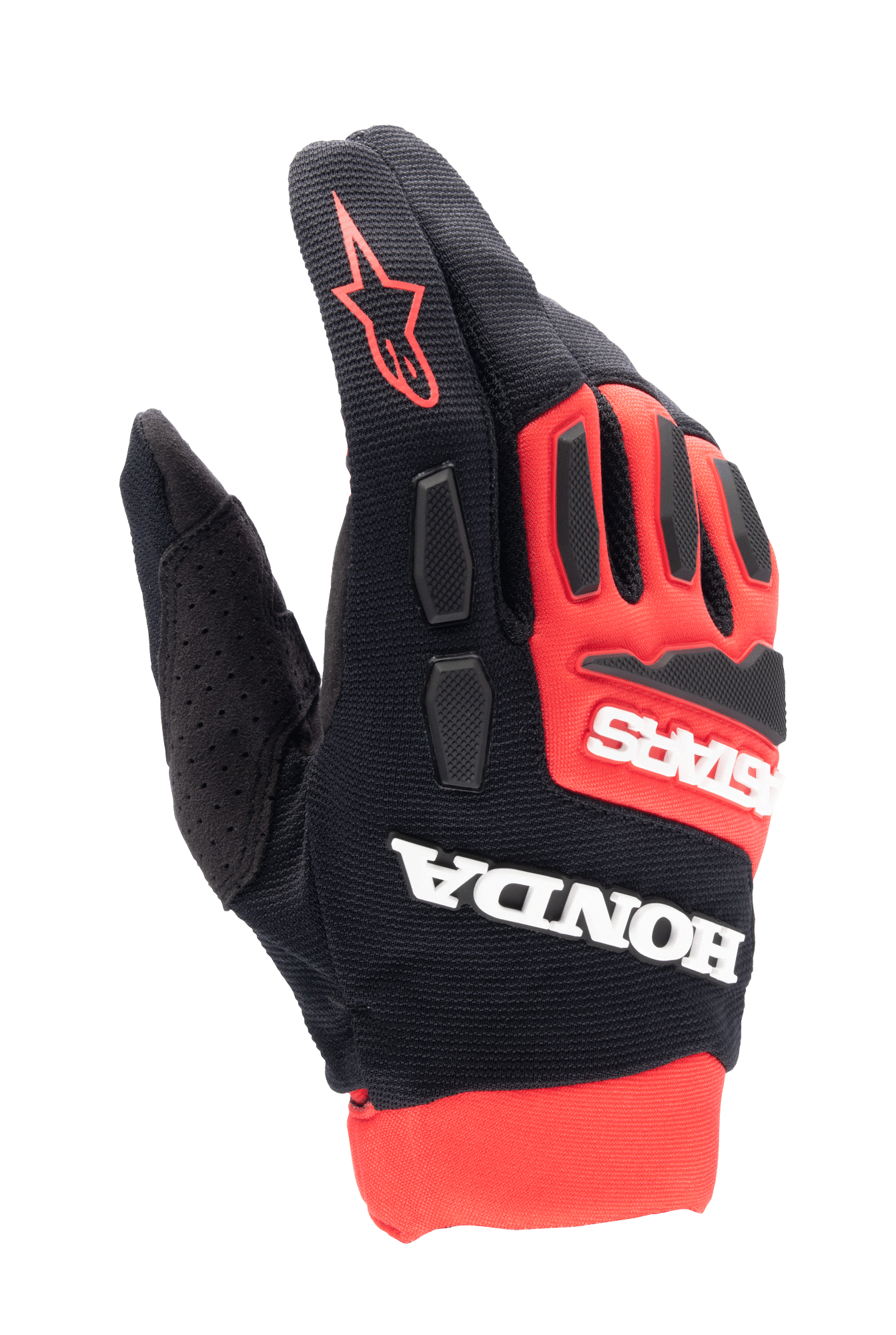 Alpinestars Honda Full Bore handsker, motocrosshandsker, klar rød og sort, markant hvid Honda- og Astars-branding, TPR-knobeskyttelse, åndbar konstruktion i stræktekstil, rødt stjernelogo på fingeren, sportsligt off-road racingdesign