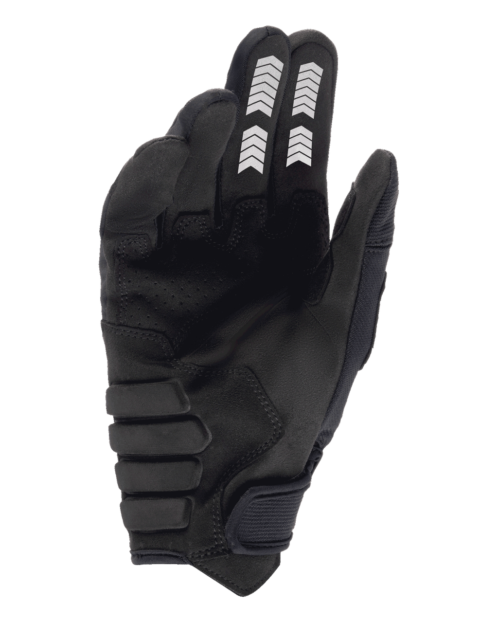 Alpinestars Techdura handsker, endurohandsker, sort, håndfladevisning med konstruktion i syntetisk ruskind, hvid chevron-grafik på pege- og langefinger, forstærket polstret håndflade og burretape-lukning ved håndleddet