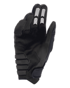 Alpinestars Techdura handsker, endurohandsker, sort, håndfladevisning med konstruktion i syntetisk ruskind, hvid chevron-grafik på pege- og langefinger, forstærket polstret håndflade og burretape-lukning ved håndleddet