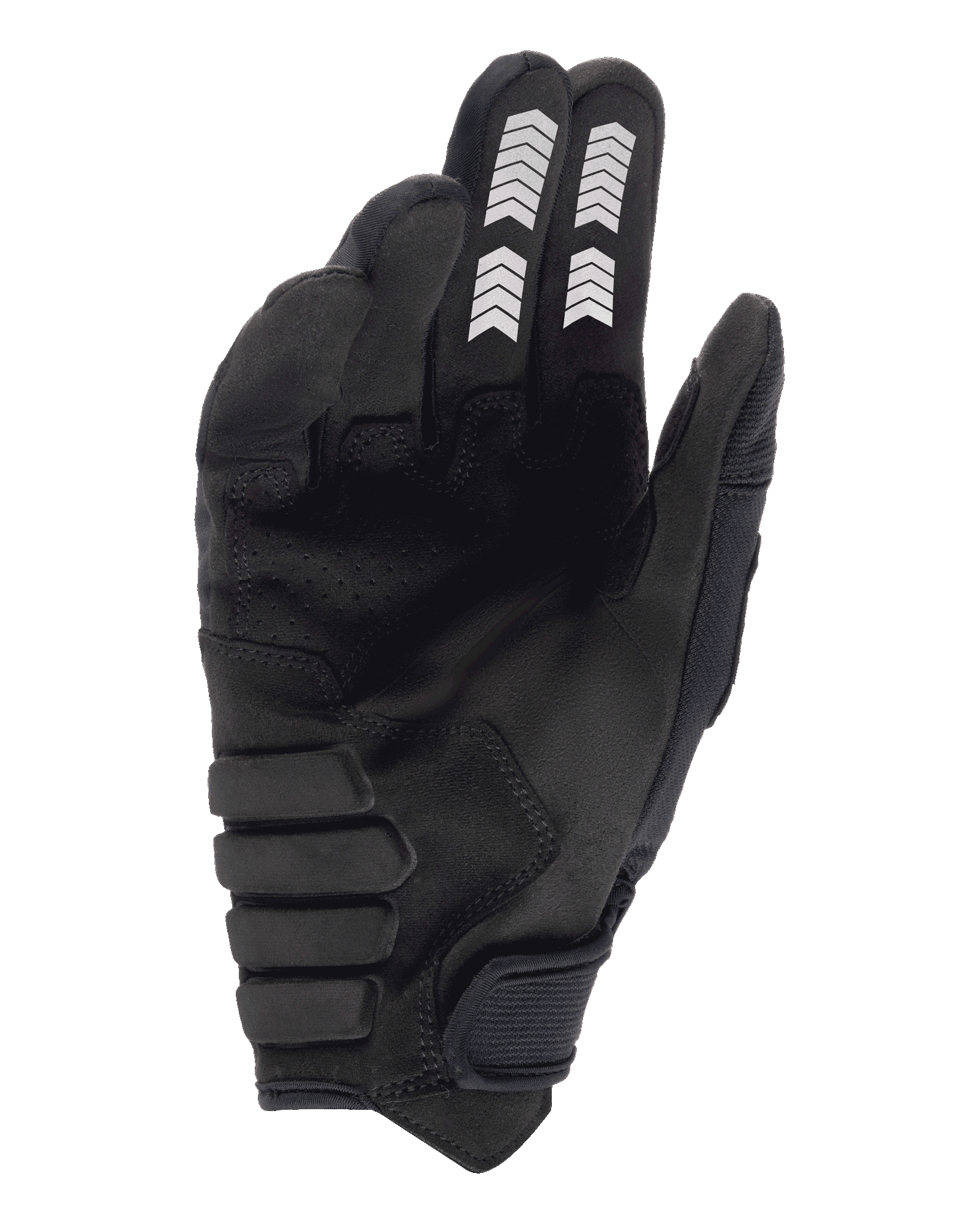 Alpinestars Techdura handsker, endurohandsker, sort, håndfladevisning med konstruktion i syntetisk ruskind, hvid chevron-grafik på pege- og langefinger, forstærket polstret håndflade og burretape-lukning ved håndleddet