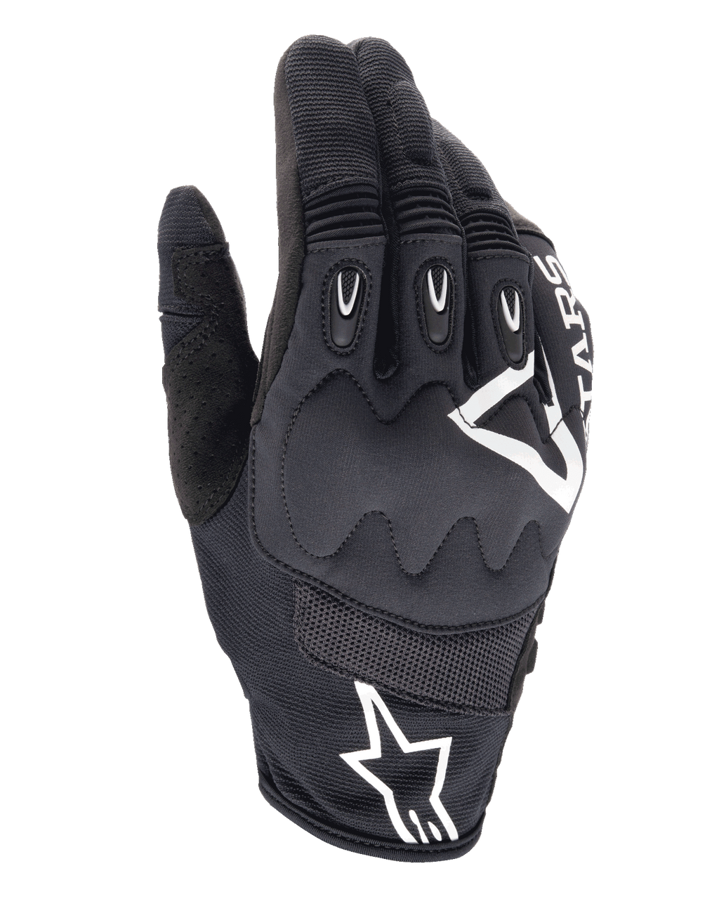 Alpinestars Techdura handsker, enduro-motorcykelhandsker, sort med hvidt Alpinestars-logo, viskoelastisk knobeskyttelse, TPR-fingerindlæg, åndbar mesh- og strækteksilkonstruktion, terrænkørselsudstyr