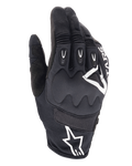 Alpinestars Techdura handsker, enduro-motorcykelhandsker, sort med hvidt Alpinestars-logo, viskoelastisk knobeskyttelse, TPR-fingerindlæg, åndbar mesh- og strækteksilkonstruktion, terrænkørselsudstyr
