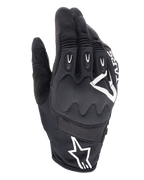 Alpinestars Techdura handsker, enduro-motorcykelhandsker, sort med hvidt Alpinestars-logo, viskoelastisk knobeskyttelse, TPR-fingerindlæg, åndbar mesh- og strækteksilkonstruktion, terrænkørselsudstyr