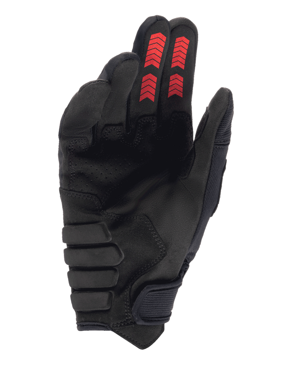 Alpinestars Techdura-handsker, off-road enduro-handsker, sort med Fire Red, håndfladevisning med forstærket syntetisk ruskind, røde chevron-grafikker på fingerspidserne, krog og løkke-lukning ved håndleddet