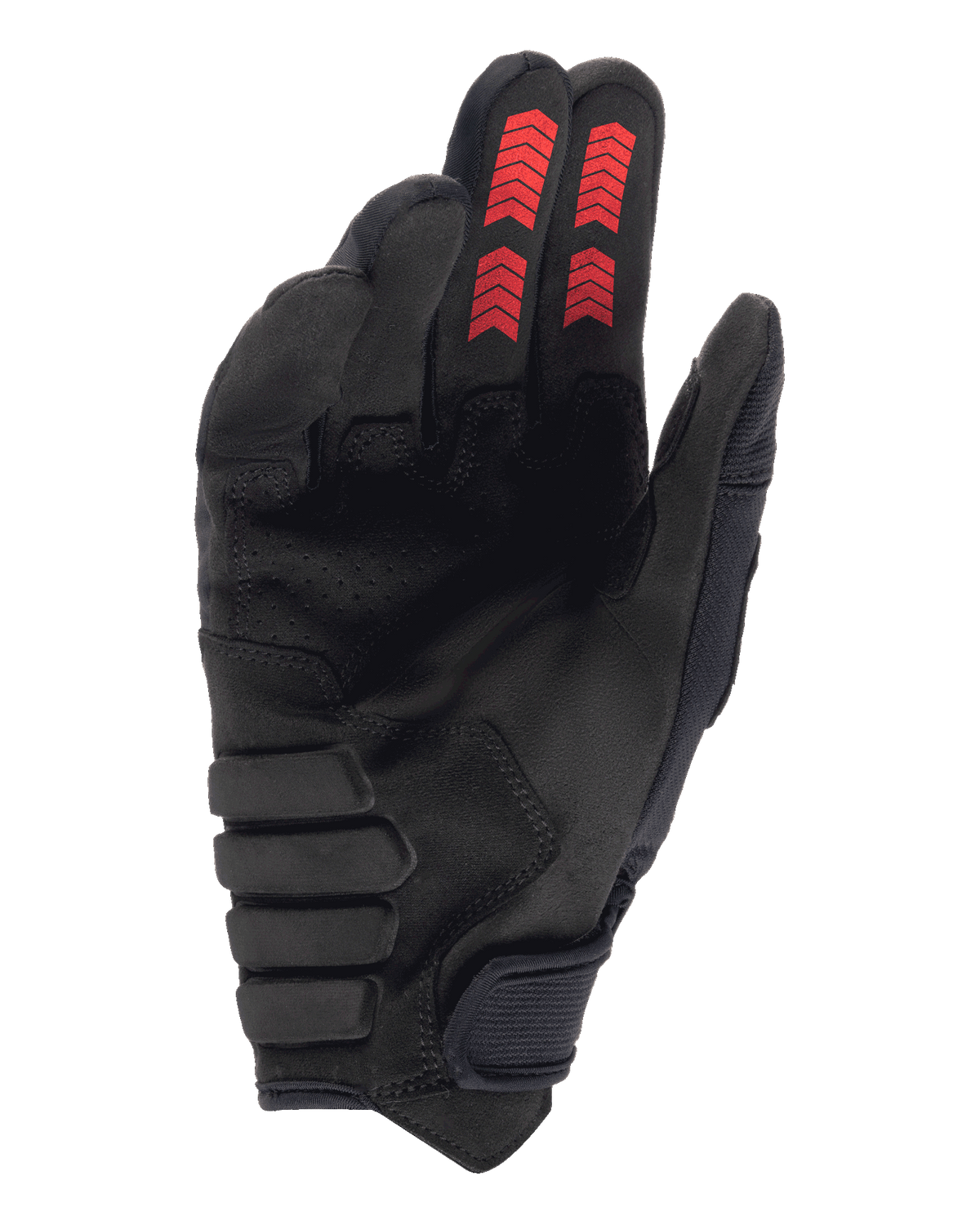 Alpinestars Techdura-handsker, off-road enduro-handsker, sort med Fire Red, håndfladevisning med forstærket syntetisk ruskind, røde chevron-grafikker på fingerspidserne, krog og løkke-lukning ved håndleddet