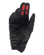 Alpinestars Techdura-handsker, off-road enduro-handsker, sort med Fire Red, håndfladevisning med forstærket syntetisk ruskind, røde chevron-grafikker på fingerspidserne, krog og løkke-lukning ved håndleddet
