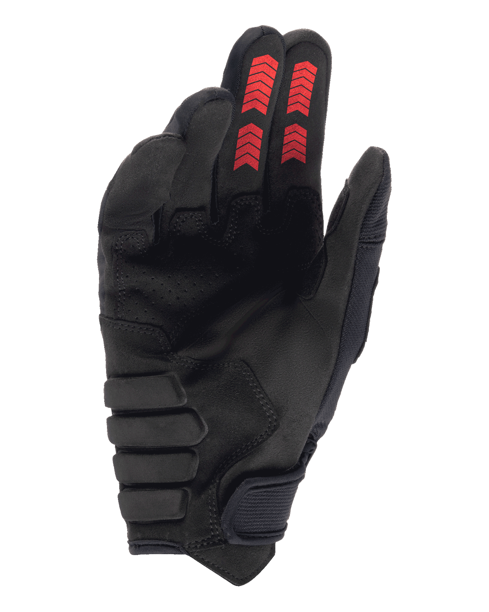 Alpinestars Techdura-handsker, off-road enduro-handsker, sort med Fire Red, håndfladevisning med forstærket syntetisk ruskind, røde chevron-grafikker på fingerspidserne, krog og løkke-lukning ved håndleddet