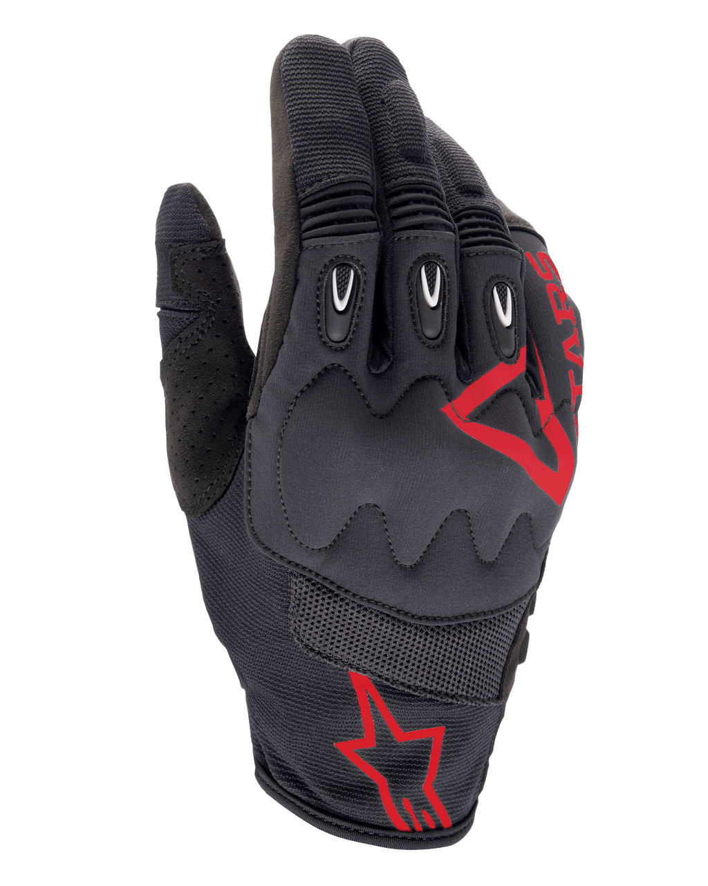 Alpinestars Techdura handsker, Fire Red Black, motocross- og enduro-handsker, sort tekstureret stof med røde stjernelogoer, forstærket kno- og fingerbeskyttelse, åndbare mesh-paneler, slidstærkt off-road motorcykeludstyr