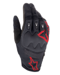 Alpinestars Techdura handsker, Fire Red Black, motocross- og enduro-handsker, sort tekstureret stof med røde stjernelogoer, forstærket kno- og fingerbeskyttelse, åndbare mesh-paneler, slidstærkt off-road motorcykeludstyr