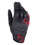 Alpinestars Techdura handsker, Fire Red Black, motocross- og enduro-handsker, sort tekstureret stof med røde stjernelogoer, forstærket kno- og fingerbeskyttelse, åndbare mesh-paneler, slidstærkt off-road motorcykeludstyr